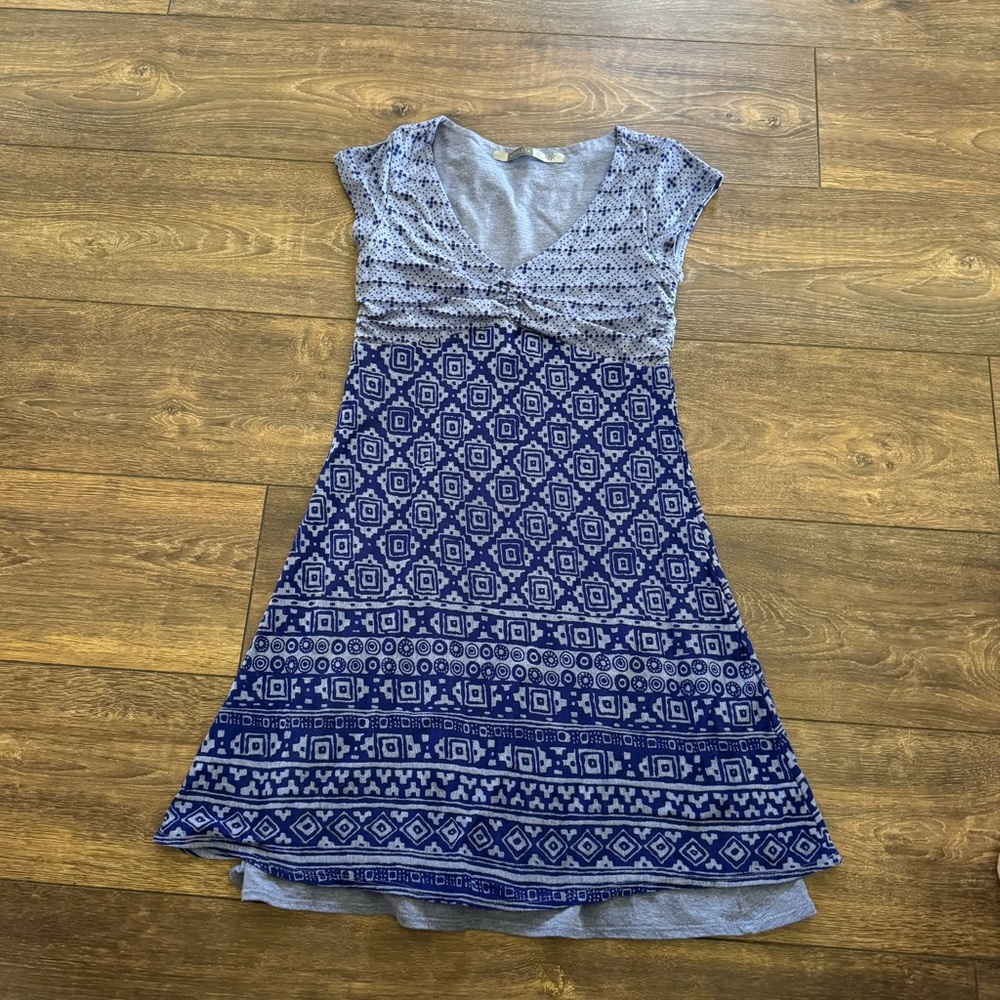 Athleta Dhara Blue Print V-Neck Short Sleeve Knit Dress XXSP Petite